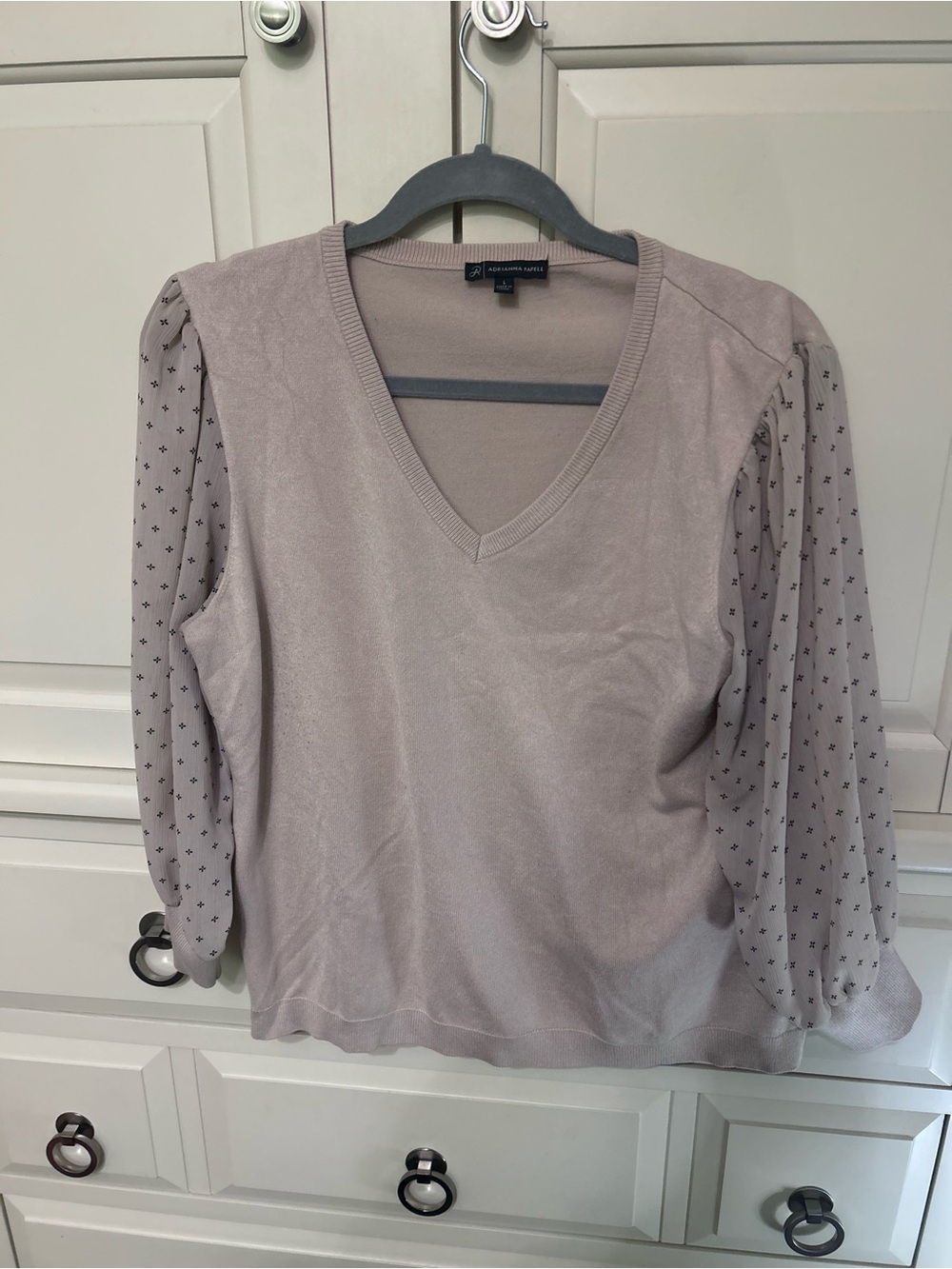 Adrianna Papell Taupe V-Neck Sweater with Sheer Printed Sleeves